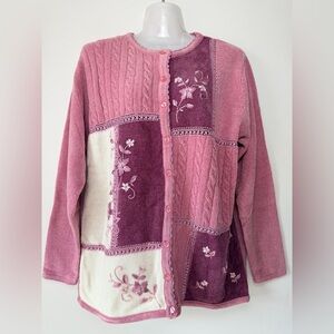 Vintage Jenny Pink White Chenille Patchwork Floral Cardigan Sweater Women size L
